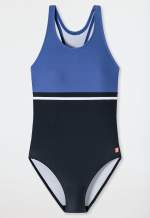 Swimsuit knitwear recycled SPF40+ color-blocking school sports racerback dark blue - Diver Dreams