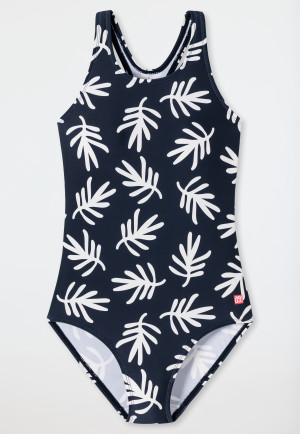 Swimsuit knitwear recycled SPF40+ racerback palm leaves dark blue - Diver Dreams