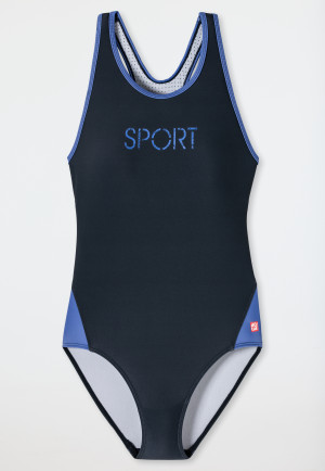 Costume da bagno in tessuto a maglia riciclato con fattore di protezione solare 40+ e racerback per l'attività sportiva a scuola, blu scuro - Diver Dreams