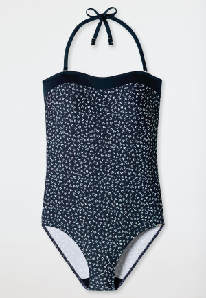 Costume intero a fascia con spalline regolabili, coppe morbide e fantasia di colore blu scuro - Sea Blossom