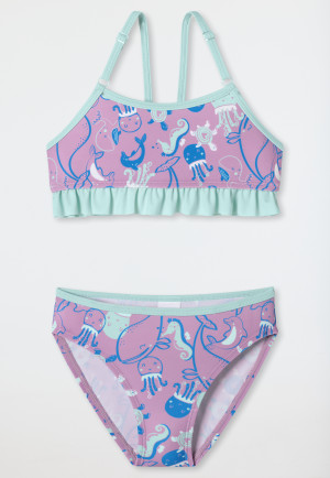 Bustier bikini recycled knitwear SPF40+ marine animals ruffles berry - aqua