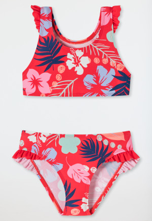 Bikini modello bustier racerback in tessuto a maglia riciclato con protezione SPF40+ impreziosito da balze con motivo a onde e fiori multicolore - Cat Zoe