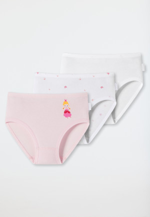 Confezione da 3 slip hipster in cotone biologico a costine sottili con morbido girovita e motivo di principesse e corone, bianco/rosé - Girls World