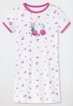 Chemise de nuit à manches courtes en coton bio, chat, cerises, blanc - Cat Zoe