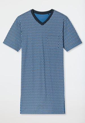 Nachthemd korte mouw V-hals borstzak blauw geruit - Comfort Nightwear