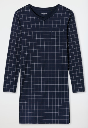 Long-Sleeve Nightshirt, Dark Blue Chequered Interlock - Fine Interlock