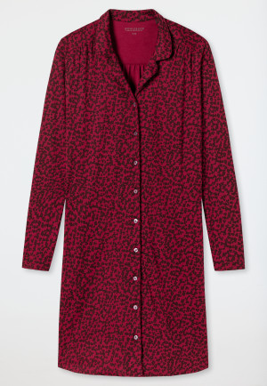 Nachtjapon met lange mouwen met interlock reverskraag en knoopsluiting met bloemenprint in wijnrood- Classic Comfort Fit