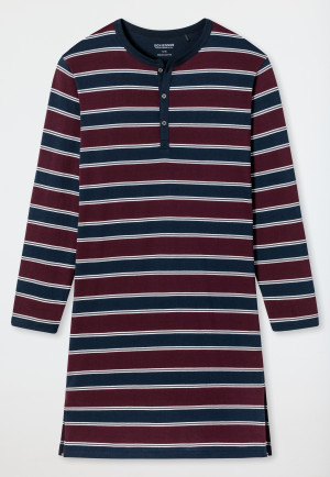 Long-sleeved sleep shirt with button placket striped burgundy/dark blue - Comfort Fit