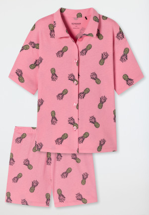 Pyjama court coton bio patte de boutonnage ananas rose - Ocean Flow