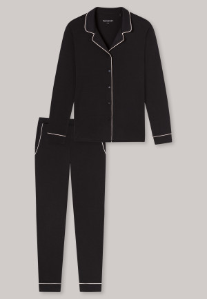 Pyjama long passepoil interlock col chemise noir - Simplicity