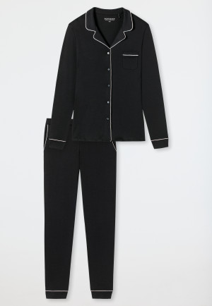 Pyjama lang Interlock Reverskragen Paspeln schwarz - Contemporary Nightwear