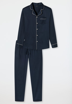 Pajamas long woven satin button placket piping dark blue - Cotton Satin