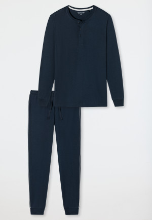 Pyjama long interlock fin bords-côtes bleu foncé - Fine Interlock