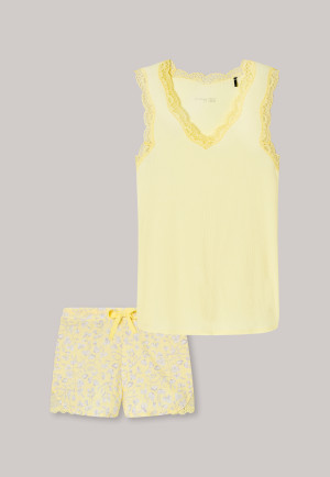 Schlafanzug kurz Doppelripp V-Ausschnitt Spitze Blumenprint gelb - Rise Up