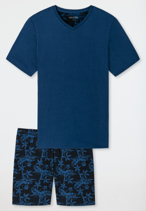 Pyjama court interlock fin col en V motifs bleu/bleu foncé - Fine Interlock