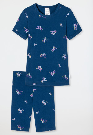 Korte pyjama fijnrib biologisch katoen eenhoorns blauw - Girls World