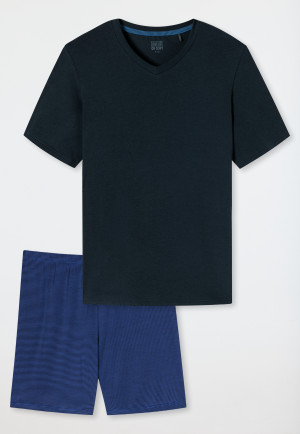 Schlafanzug kurz Modal V-Ausschnitt Ringel nachtblau - Long Life Soft