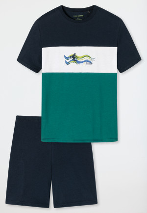 Pajamas short organic cotton block stripes waves dark green - Ocean Flow