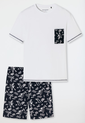 Pigiama corto in cotone biologico con taschino e stampa surfisti, colore bianco - Ocean Flow