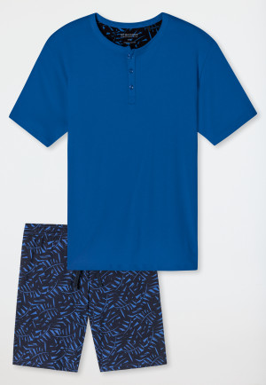 Pyjama court coton bio patte de boutonnage feuilles aqua - Fashion Nightwear