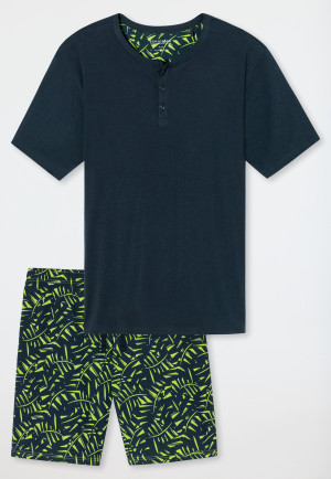 Schlafanzug kurz Organic Cotton Knopfleiste Blätter dunkelblau - Fashion Nightwear