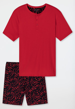 Pyjama court coton bio patte de boutonnage feuilles rouge - Fashion Nightwear