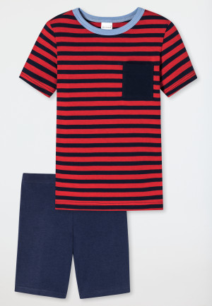 Schlafanzug kurz Organic Cotton Ringel Brusttasche rot - Boys World
