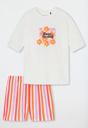 Pyjamas short Organic Cotton stripes flowers off-white - Nightwear