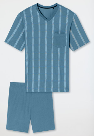 Pyjama short Organic Cotton V-hals borstzak blauw-grijs geruit - Comfort Nightwear