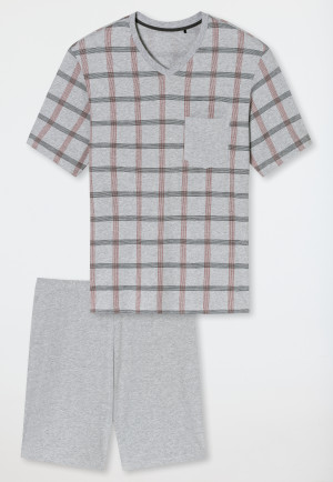 Pyjama court Coton biologique Encolure en V Poches poitrine gris chiné à carreaux - Comfort Nightwear