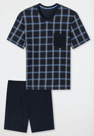 Pyjamas short Organic Cotton V-neck chest pocket midnight blue plaid - Comfort Nightwear