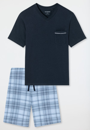 Schlafanzug kurz Organic Cotton V-Ausschnitt Karos air - Comfort Fit