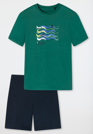 Pyjama kort biologisch katoen golven donkergroen - Ocean Flow