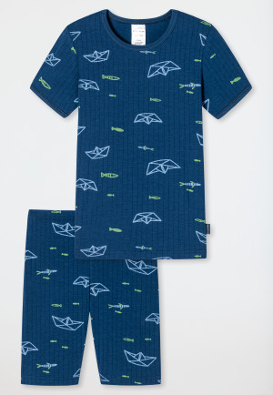 Pyjama kort Tencel biologisch katoen geribbeld papieren bootjes vissen blauw - Rat Henry