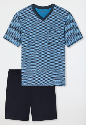 Pigiama corto scollatura a V tasca sul petto fantasia blu - Comfort Nightwear
