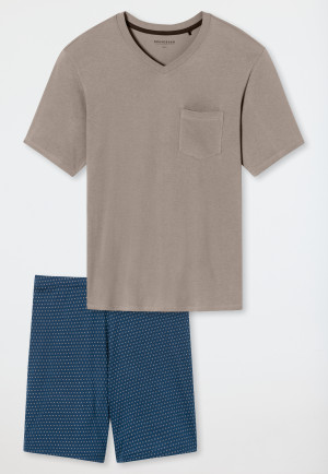 Schlafanzug kurz V-Ausschnitt Brusttasche braungrau gemustert - Comfort Essentials