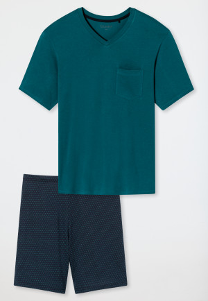 Schlafanzug kurz V-Ausschnitt Brusttasche jeansblau gemustert - Comfort Essentials