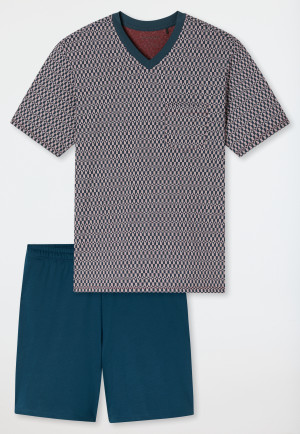 Pigiama corto con scollatura a V e tasca sul petto in fantasia rossa - Comfort Nightwear