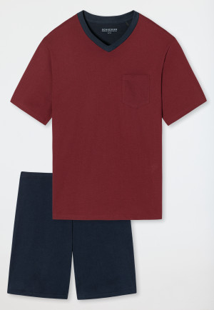 Pyjama kort V-hals patroon bordeaux/donkerblauw - Essentials Nightwear