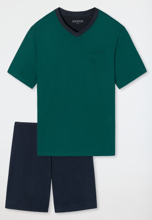Pyjama korte V-hals patroon donkergroen/donkerblauw - Essentials Nightwear