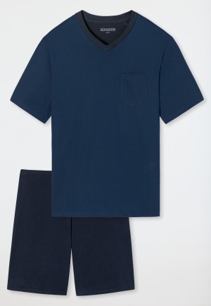 Schlafanzug kurz V-Ausschnitt gemustert royal/dunkelblau - Essentials Nightwear