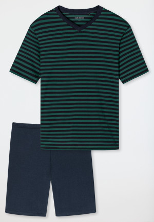 Schlafanzug kurz V-Ausschnitt Ringel dunkelgrün - Essentials Nightwear