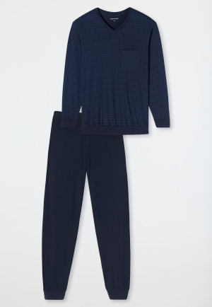 Long Pyjamas with Cuffs, Checkered, Midnight Blue - Comfort Essentials