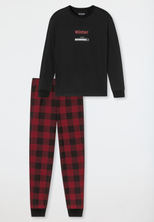 Schlafanzug lang Bündchen Karos Winter schwarz - Family