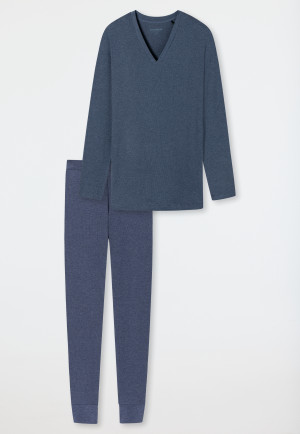 Schlafanzug lang Doppelripp Modal V-Ausschnitt blau - Modern Rib - Natural Dye