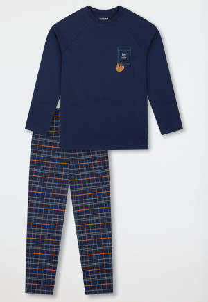 Schlafanzug lang Faultier Karo dunkelblau - Teens Nightwear