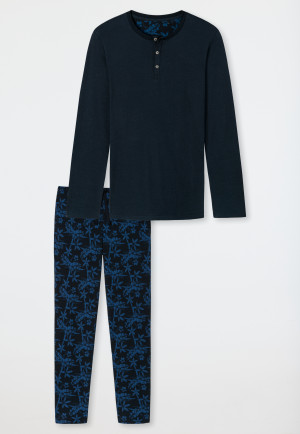 Schlafanzug lang Feininterlock Knopfleiste gemustert dunkelblau - Fine Interlock