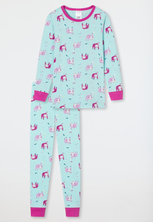 Long pajamas fine rib organic cotton cuffs sloth stars mint - Girls World
