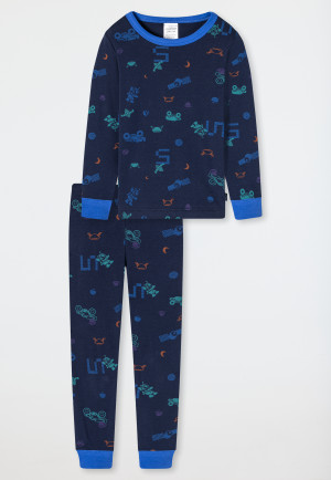 Pyjama lang fijnrib biologisch katoen manchetten heelal pixels donkerblauw - Boys World