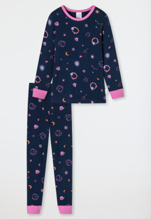 Schlafanzug lang Feinripp Organic Cotton Bündchen Weltraum dunkelblau - Girls World